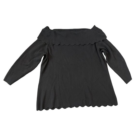 Cable & Gauge Black Off Shoulder Scalloped Hem Long Sleeve Knit Sweater Top Sz L - Picture 2 of 11